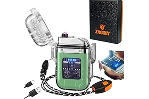 Zactly AL11 Transparent Night Glow Electric Lighter USB C Rechargeable Plasma Candle Dual Arc with LED Flashlight, Whistle, Lanyard & Battery Indicator, Waterproof Windproof Outdoor Camping (GREEN)