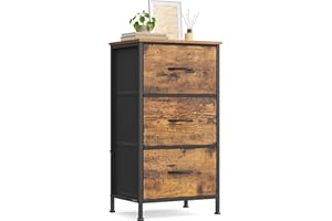 SONGMICS Chest of Drawers, 3 Fabric Drawers Storage Unit, Steel, MDF, Non-Woven Fabric, for Bedroom, Closet, Hallway, Living Room, Rustic Brown and Ink Black LGS313BH03
