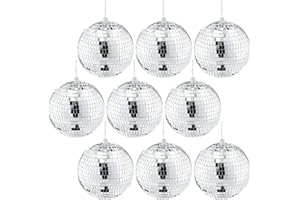 HIQE-FL Pack of 9 Silver 10 cm Mirror Disco Ball, Hanging Disco Light, Glitter Ball, Silver Disco Ball, Christmas Tree Wedding, Home, Birthday Party Decoration