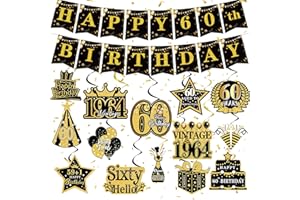 YOMOVER 60 Geburtstag Deko-Deko 60 Geburtstag Mann Frauen 60. Geburtstag Hängende Wirbeldeko Happy Birthday Banner 1964 Vintage für 60 Geburtstag Frau Schwarzgold Deko 60 Geburtstag für Männer Frauen