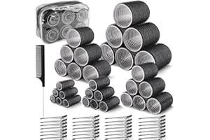 Zosenyer 60 Piezas Rulos Pelo, 5 Tamaños (60/48/40/30/20 mm) Rulos Pelo Grandes con 28 Pinzas de Acero Inoxidable, Hair Rollers Velcro Para Cabello Largo, Mediano, Corto (Negro)