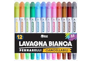 Smart Panda Pennarelli Lavagna Bianca - Doppia Punta, Media e Fine – Cancellabili - Subito Asciutti, 12 Colori