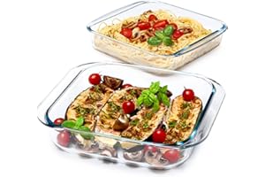 NUTRIUPS Square Glass Baking Dish for Oven, Glass Oven Dish Square,Glass Roasting Dish,Glass Oven Proof Dishes,21×21×5cm & 23×23×5.8cm（1.6L+2.3L)
