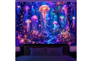 Simpkeely Blacklight Jellyfish Forest Tapestry, UV Reactive Fantasy Vibrant Neon Art Decor, Glow in the Dark Aquatic Life Wall Hanging Tapestries for Bedroom, Living Room - 130cm x 150cm