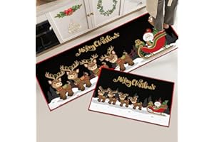 Hoimlm Christmas Kitchen Rugs Non-Slip Washable Kitchen Mats, Hallway Living Room Floor Bathroom Kitchen Carpet Set Christmas Decoration (Christmas Black A, 43 x 150 cm+43 x 75 cm)