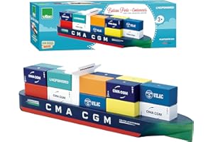 Vilac- Bateau Porte-conteneurs Jacques Saadé - 18 Unité (Lot de 1) - Bateau en bois laqué pour enfant - Jeux et Jouets 2356S, Bleu