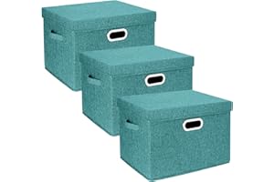 TYEERS Large Storage Box with Lid, Collapsible, Washable, Fabric Storage Box for Clothes, Wardrobe Storage, 44x30x29 cm, Set of 3, Aqua Deep