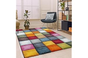 the carpet Monde Deluxe dywan do salonu, ręcznie rzeźbiony, krótkie runo, kolorowy, niebieski, czerwony, brązowy, zielony, szary, w kratkę, 200 x 290 cm