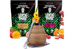 CEBADOR Verde Mate Green yerba mate set | Two-pack of yerba mate | Raspberry Vitality and Mango & Maracuya | Calabash, bombilla and accessories | Natural caffeine | Brazilian yerba mate | 2x500g | 1kg