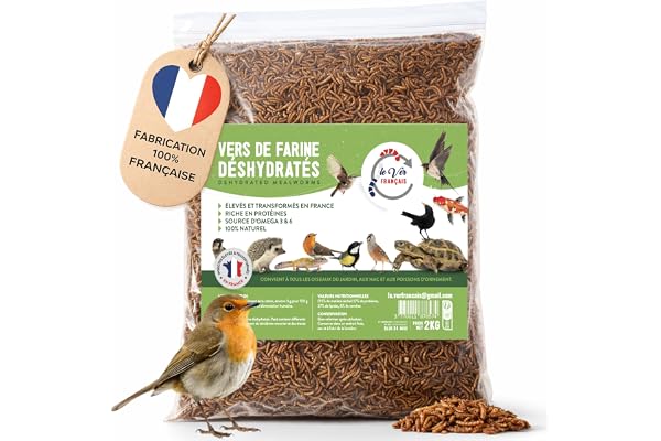 LE VER FRANÇAIS vers de Farine pour Poules 1kg - Élevés Et Séchés en France - Riche en Protéines 55% - Nourriture 100% Naturelle pour Oiseaux, Hamster et Reptiles - Complément Alimentaire Animaux