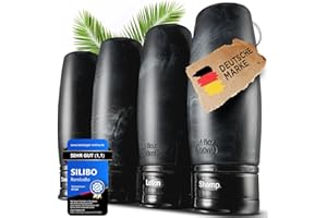 REMBABO SILIBO Reiseflaschen zum befüllen (4x100ml), inklusive Reisetasche, handgepäck geeignet, Reise Must-Have, auslaufsicher, BPA frei, Beschriftungsring, Reise gadget, Reise set, Reise zubehör (schwarz)
