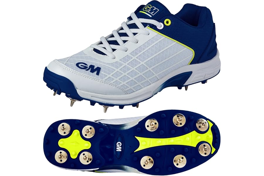 GM | Steel Spike Cricket Shoes | Breathable Lightweight Premium Materials | Arch Support Grip Comfort & Reduce Fatigue | Sizes UK Adult 7, 8, 9, 10, 11, 12, 13 & Junior 1, 2, 3, 4, 5, 6