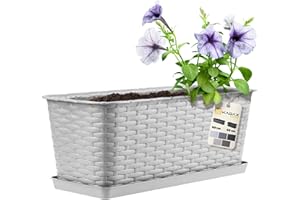 KADAX Plastikowa doniczka balkonowa z podstawką, skrzynka balkonowa na rośliny, prostokątna skrzynka balkonowa, skrzynka na róże, imitacja rattanu (40 cm, jasnoszara)