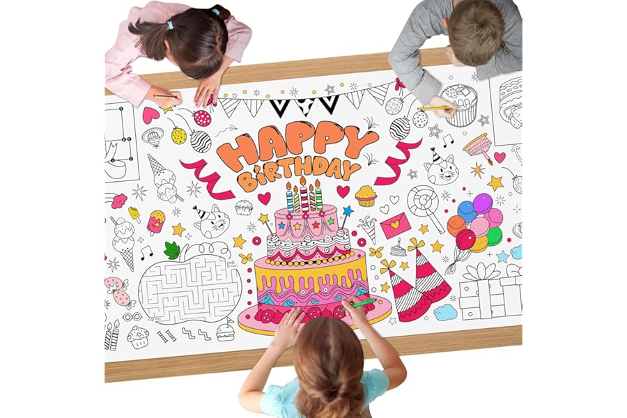 AYESY Birthday Cake Coloring Tablecloth, 72 x 28 inch DIY Kids Party Tablecloth, Giant Colouring Poster Table Cloth for Kids, Boys Girls Birthday Gift, Craft Doodle Art