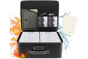 Tamfile Fireproof Photo Storage Box 4" x 6" with 18 Inner Clear Photo Case, Plastic Photo Organiser with Lock for Pictures, Cards, Crafts, Seed, Stamps and Office Supplies with 4 Sheet Label Stickers