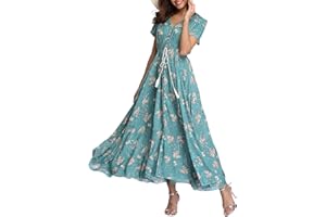 VOGMATE Femme Robe Chic Longue Col V à Fleur Manches Courtes en Coton Robe Maxi de Plage D'été Casual (S-2XL)