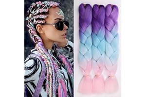 JIAMEISI Ombre Braiding Hair 24 Inch Synthetic Hair Extensions for Braiding 3Pack/Lot Pre Stretched High Temperature Crochet Braiding Hair (#C45 Purple to Green to Pink)