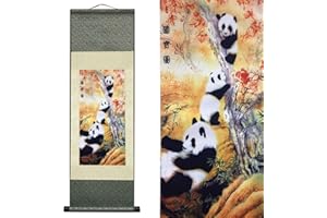 Valart Rollbild aus Seide Asiatische Wanddekoration Seidenmalerei Tier - Nationalschatz Chinesischer Panda Schön Chinesische Kunstwandrolle Hängende Bildrolle Orientalisches Dekor(92 x 30 cm)