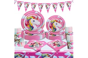 Forfamy Unicorno Piatti Compleanno 82 Pcs Set Compleanno Bambina, Stoviglie Unicorno Piatti Carta Tovaglioli Tovaglia Bicchieri di Carta per Unicorno Compleanno Bambina