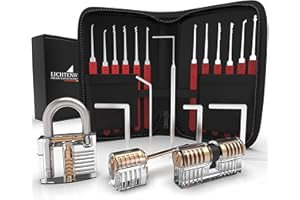 LICHTENWERK Meistergut® DAS ORIGINAL XXL Juego de ganzúas profesional, instrucciones en alemán, 24 piezas. Incluye 3 cerraduras transparentes para practicar, para principiantes y profesionales, rojo