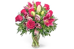 PRESTIGEFLOWERS Bouquet de lys roses – Arrangement de fleurs fraîches livré à la main – Cadeau élégant avec expédition le jour suivant – Idéal pour anniversaire, condoléances, célébration ou Thanksgiving (taille L)