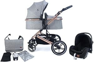 Pixini Neyla Kombi Kinderwagen mit Stoffwanne/Buggy/Wickeltasche/Getränkehalter/Regenplane/Mückennetz/Wickelauflage (3in1 Set mit Babyschale gold poliert/grau)