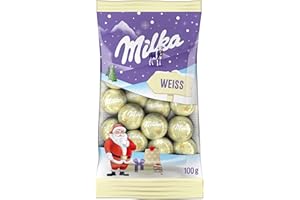 ‎MILKA Milka Weihnachts-Kugeln Weiß – einzeln verpackte Schokoladenkugeln aus weißer Alpenmilch-Schokolade – 100g