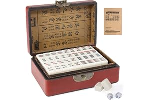 Dyna-Living Mini Mahjong chinois, structure solide facile à lire, 144 carreaux de Mahjong, 2 dés et boîte de transport en cuir, ensemble complet Majong pour jeu de table