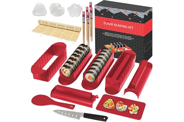 HI NINGER Kit Sushi Maker Set - Édition Deluxe : Ensemble De 20 Pièces pour Débutants avec Natte De Roulage, Moules À Riz, Couteau, Baguettes – Kit Sushi Complet (Rouge)