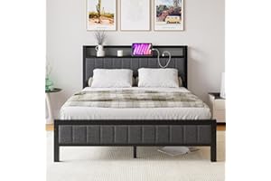 BORPHOM Rama łóżka ze stacją ładującą, łóżko podwójne/pojedyncze łóżko dla gości, metalowe łóżko tapicerowane, 140 x 200 cm, rama łóżka z metalu, łóżko młodzieżowe ze stelażem, zagłówek w kolorze