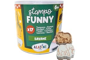 Aladine - 17 Tampons Animaux de la Savane avec Encreur - Tampons Enfant dès 6 ans - Stampo Funny - Encre Lavable - Activité Enfant Dessin Garçon Fille - Idée Cadeau - 85175