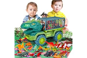 MewVeer Camión de Juguete Dinosaurio, Transportador de Autos con Forma de Tiranosaurio Rex con 15 Figuras de Dinosaurios, 4 Tanques de Dinosaurios, Tapete de Juego de Actividades, Huevos de Dinosaurio