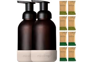 RAINDROP CLEAN Raindrop Sustainable Hand Soap Starter Pack, 2x Reusable Foaming Glass Dispenser Bottles and 8x Hand Wash Refill Tablets and, Multipack (Natural Colour Silicone Base)