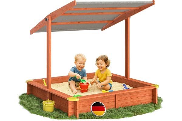 SPIELWERK® Bac à Sable en Bois Max 140x140cm Tapis de Sol Toit réglable Protection UV 50+ Jeu pour Enfants extérieur Jardin