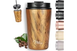 Milu Thermobecher 400ml - 100% Auslaufsicher - Edelstahl Kaffeebecher to go isoliert mit Strohhalm hält 10h heiß / 20h kalt, BPA-frei (Holzoptik, 400ml)
