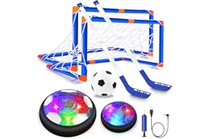 HOYIBO Balon Futbol Flotante - 3 en 1 Recargable Juego de Air Power Football con Luce LED Fútbol Niño Juguetes con 2 Porterias Juguete de Hockey Flotante para Niño Niña Regalos de 3 4 5 6 7 8-12 Años