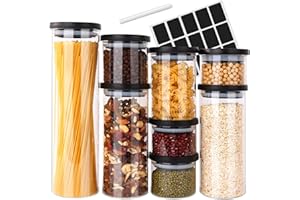 Aevcvok Set da 8 Pezzi Barattoli Vetro con Coperchio, Barattoli Vetro Ermetici con Coperchio, Barattolo con Coperchio per Pasta, Spezie, Caffè, Noci, Farina - [1250ml-200ml]