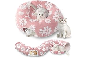 Yaning Cat Tunnel for Indoor Cats, Cute Peekaboo Cat Cave with Dangling Balls, Pet Donut Tunnel Bed with Circle Mat for Puppy Kitten Rabbit, Pink Flower