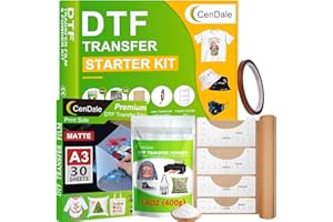 CenDale DTF Transfer Film Powder Kit, 30 Sheets A3 DTF Film for Sublimation 400ml White Medium DTF Powder, DTF Starter Kit for DTF/Sublimation Printer, Hot and Cold Peel Paper for