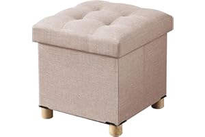 BRIAN & DANY Folding Storage Ottoman with Wood Legs, Linen Foot Stool, Storage Chest with Highly Elastic Sponge Filling, Khaki, 38 x 38 x 38 cm