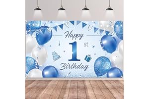 1st Birthday Backdrop Banner,BTZO Happy 1st Birthday Decorations Blue Newborn Boys Girls First Birthday Backdrop Photography Background Baby Shower Banner