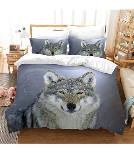 Hoimlm Kinder Bettwäsche 200x200 Wolf Print Mikrofaser Bettbezug Jungen Teens bettwäsche Set Kinder Erwachsene, Weich Haltbar Atmungsaktive,3 Teilig Küche, Haushalt & Wohnen