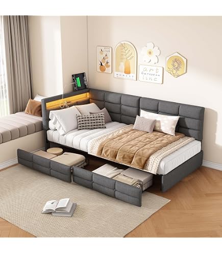 Canapé-lit 1 Personne 90x200cm Avec Tiroirs Et éclairage LED - Banquette Rembourrée, Ports USB, Sommier à Lattes - 4