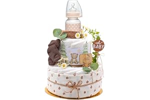 ‎TREND MAMA Trend Mama Windeltorte Wald mit Musselintuch,Baby Teeflasche, Spucktuch, Babysocken (Brown)