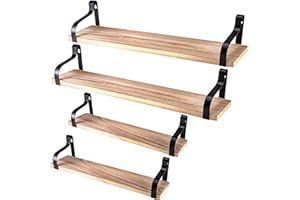 Nature Supplies Set 4 étagères flottantes en Bois Massif Naturel et Acier - Style Rustique avec veines Apparentes - légères et Robustes - 2 Grandes, 2 Moyennes