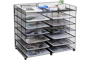TQVAI 7 Tier Letter Tray Desk Organiser Adjustable 12 Compartments File Sorter Magazine Rack Mesh Office Desk Tidy Organiser, Black