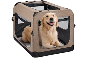 Veehoo Folding Soft Dog Crate, 3-Door Pet Kennel for Crate-Training Dogs, 5 x Heavy-Weight Mesh Screen, 600D Cationic Oxford Fabric, Indoor & Outdoor Use, 36", Beige Coffee