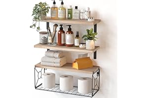 Pipishell Floating Shelves with Wire Strorage Basket, Paulownia Wood Bathroom Shelves for Home Organization & Wall Decor, Bathroom/Kitchen/Living Room/Office Shelves, Set of 3+1, Natural