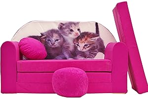 Pro Cosmo Divano letto pieghevole per bambini con funzione letto Perfetto per giocare e dormire - Con materasso, cuscino e pouf sfoderabili - 98x168x59 cm - H6 Rosa - Gattino