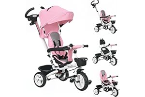 HOMCOM Tricycle bébé évolutif 6 en 1, Tricycle Enfant Pliable avec poignée parentale réglable, Capote, siège réversible, Harnais de sécurité 5 Points, Garde-Corps et paniers, pour 1-5 Ans Rose